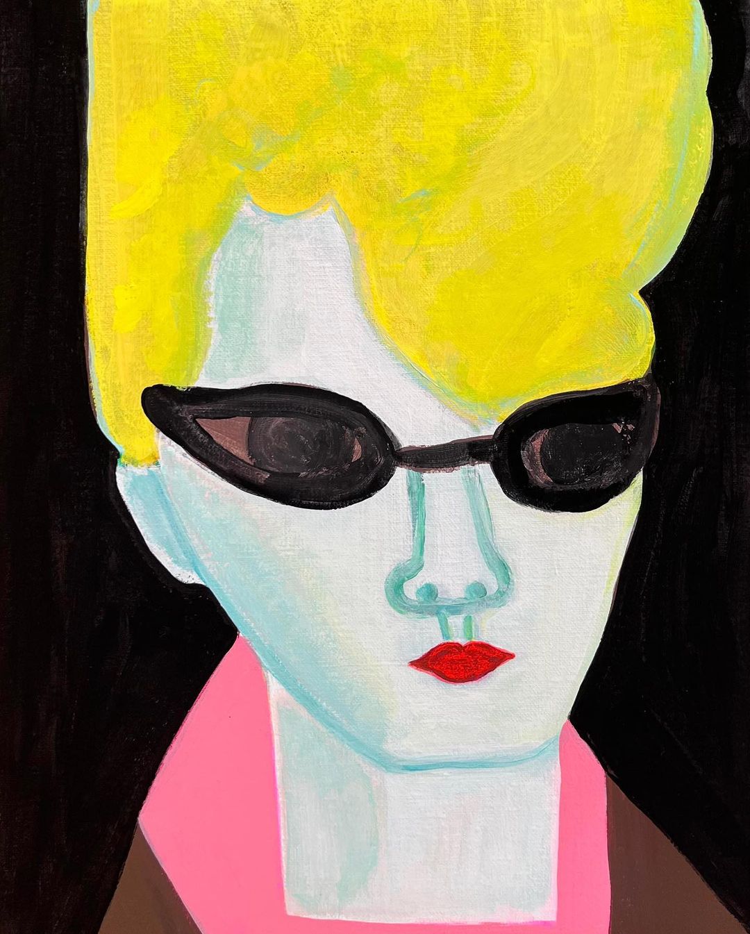 Portrait illustration of a figure with bright yellow hair, dark sunglasses, and red lips against a black background.
