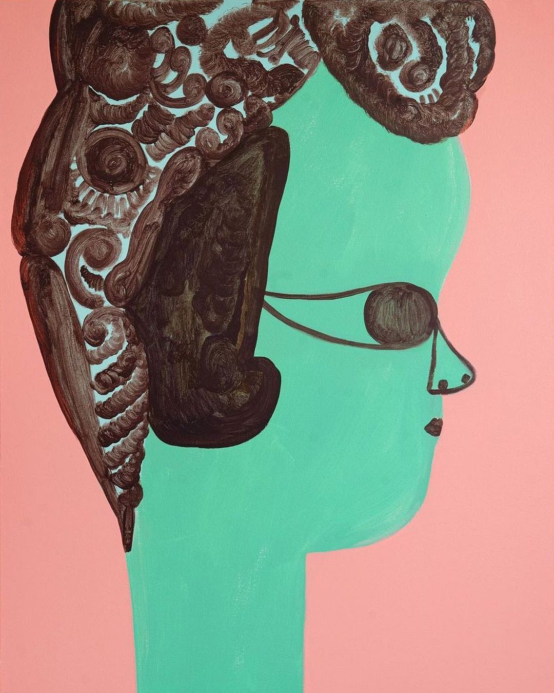 Stylized painting of a light green woman in profile with detailed dark brown hair, set against a light pink background, art concept.