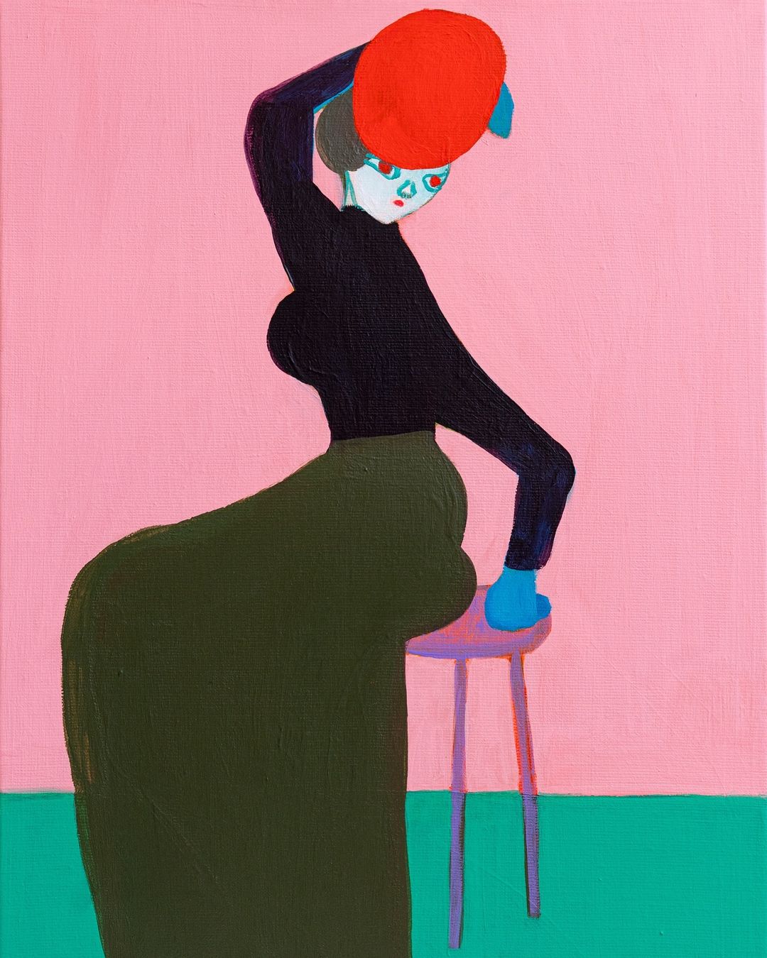 Illustration of a woman in a black top and green skirt, placing her foot on a stool, wearing a red hat against a pink background.