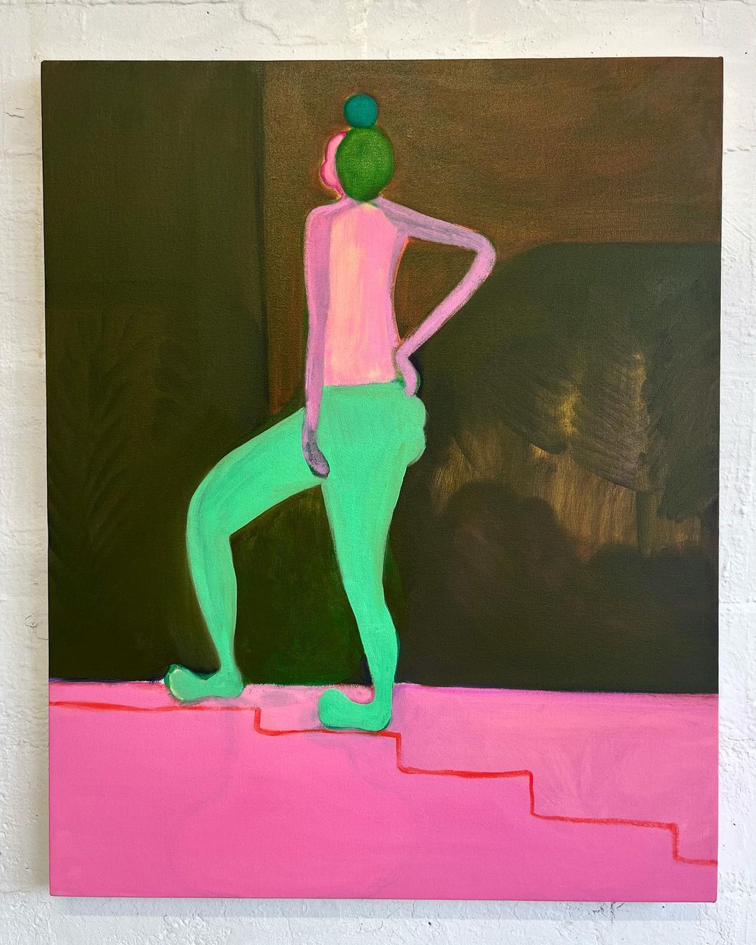 Vibrant painting of a figure in pink and green climbing pink steps against a dark backdrop, showcasing a blend of artistic styles.