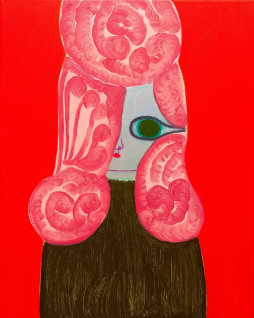 Artwork of a face with stylized pink hair against a red background. The facial features are surreal and painted with an illustrative style.