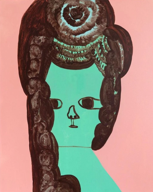 Portrait of a person with brown hair and a light green face, artistic rendering on a pink background, stylized features.