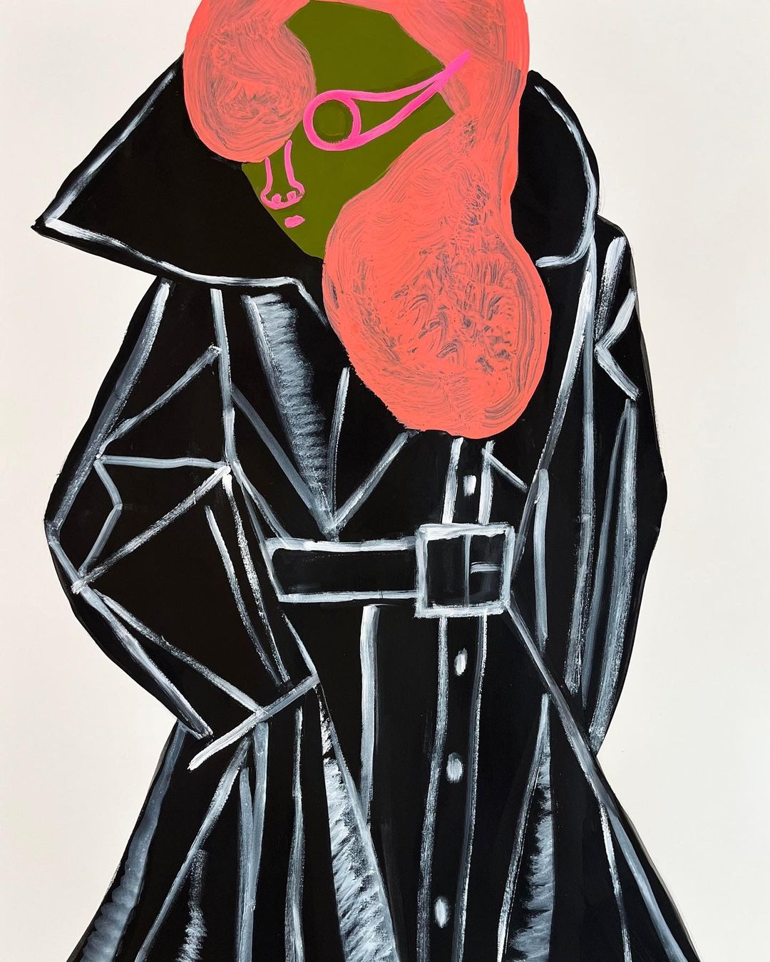 Illustration of person with pink hair and glasses wearing a black coat with white outline details against a white background.