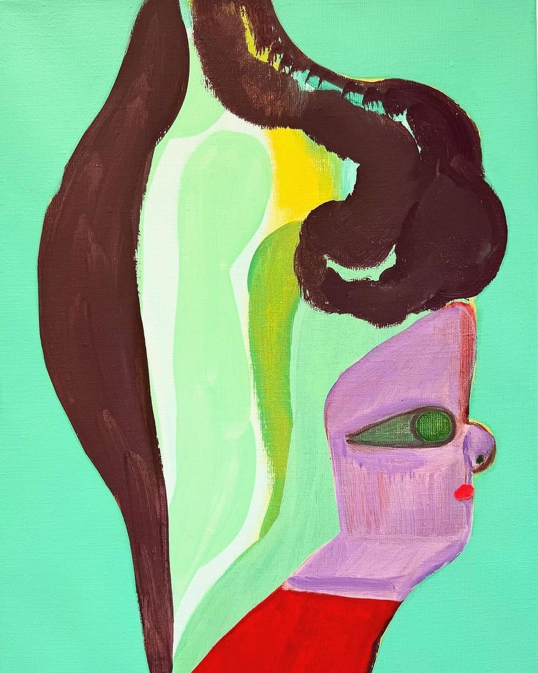 Abstract acrylic painting features a stylized figure with brown hair, lavender skin, and a red shirt on a mint-green background.
