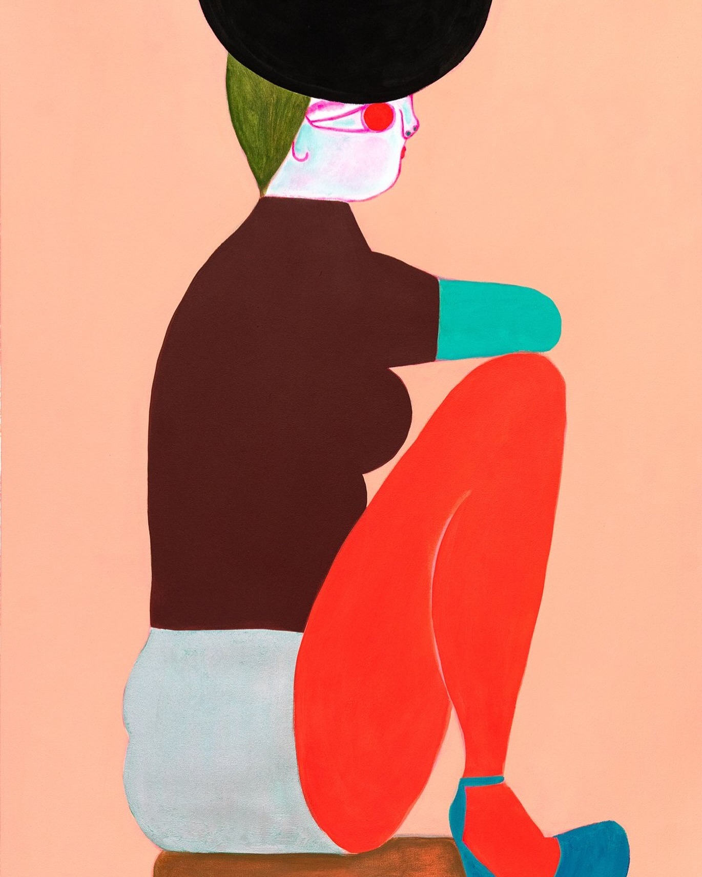Illustration of seated woman with black hat, pink face, red tights, and blue shoes against a peach-colored background.