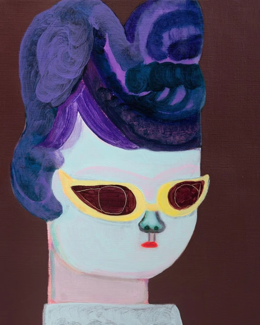 Painting of a person with lavender hair wearing yellow glasses, presented in an artful and slightly surreal style on a brown background.