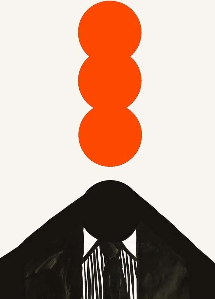 Abstract illustration featuring three orange circles above a black graphic resembling a person in a suit against an off-white background.