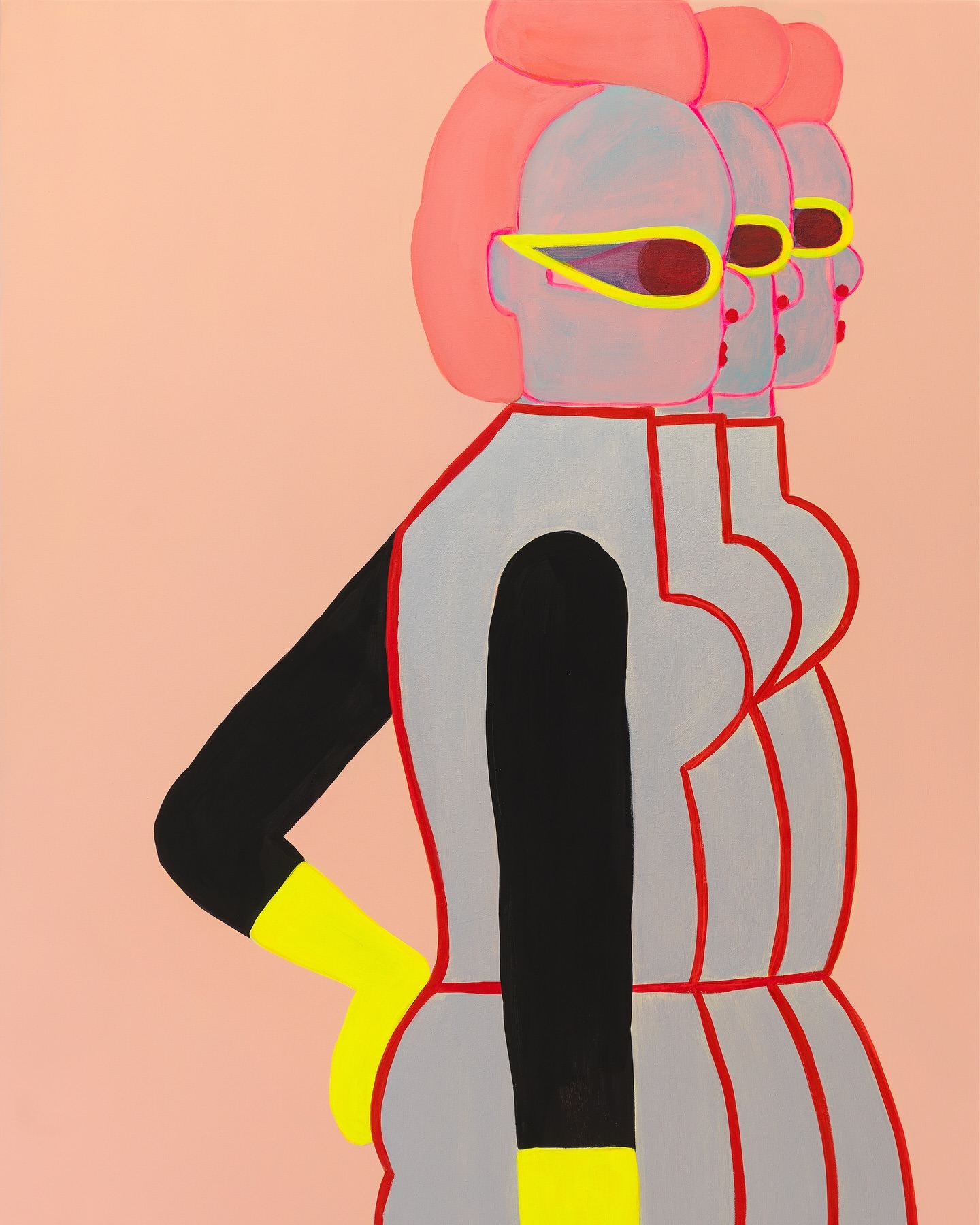 Abstract painting features three stylized figures with bright pink hair, sunglasses, and gray dresses against a pale pink background.