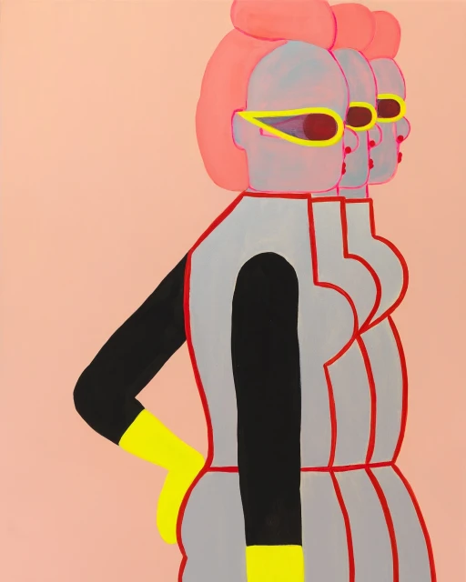 Abstract painting features three stylized figures with bright pink hair, sunglasses, and gray dresses against a pale pink background.