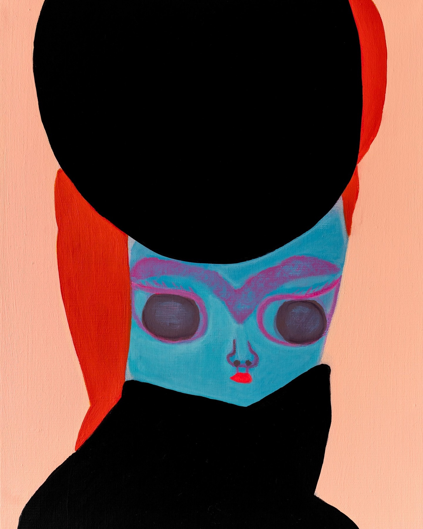 Stylized painting of a blue-skinned woman with red hair wearing a large black hat and black top, set against a peach background.
