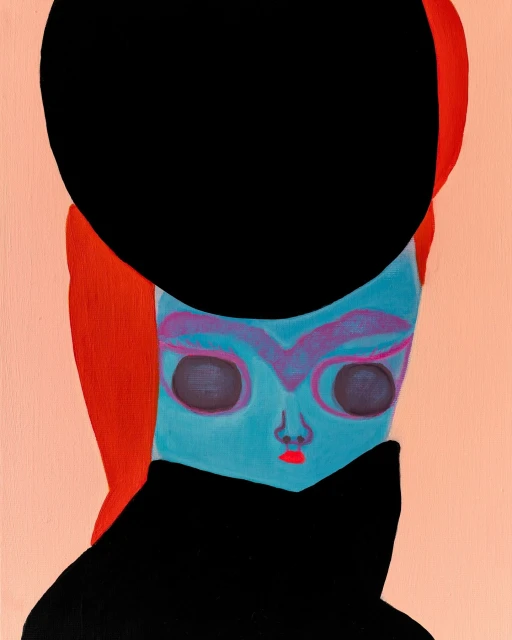 Stylized painting of a blue-skinned woman with red hair wearing a large black hat and black top, set against a peach background.