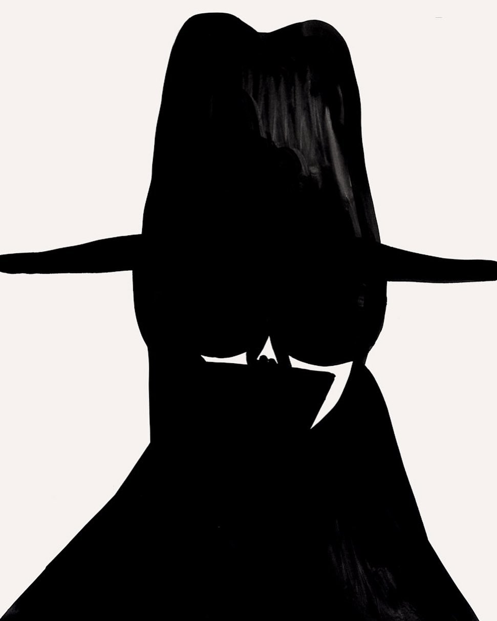Bold black ink illustration of a silhouetted figure wearing a wide brim hat against a solid off-white background.