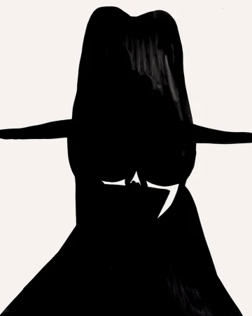 Bold black ink illustration of a silhouetted figure wearing a wide brim hat against a solid off-white background.