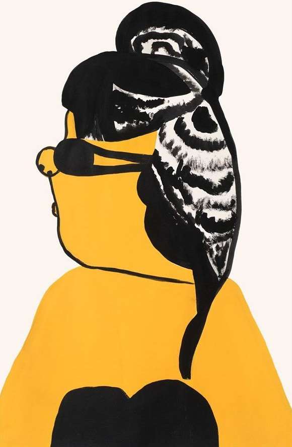 Stylized art depicting an adult female figure with a yellow body and black hair, wearing sunglasses, set against a white backdrop.
