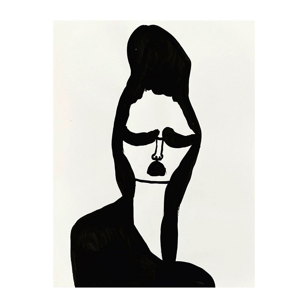 Abstract portrait of a person with stylized black ink features on a white background. Artistic monochrome illustration.
