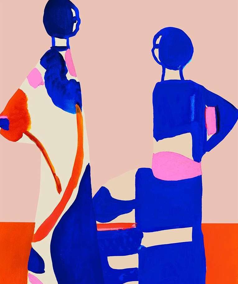 Abstract painting featuring two stylized figures in blue, orange, pink, and white on a light pink background, creating a modern artistic composition.