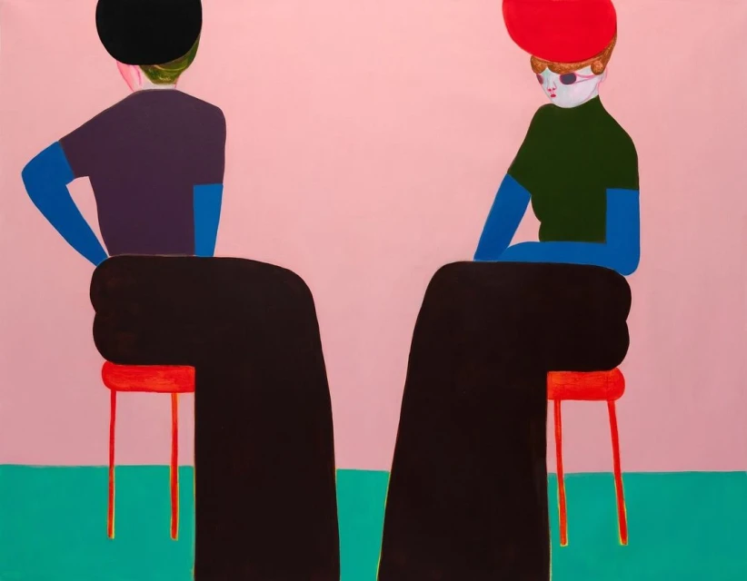 Stylized painting of two seated figures wearing hats and dark clothing on red stools against a pink backdrop with teal green flooring.