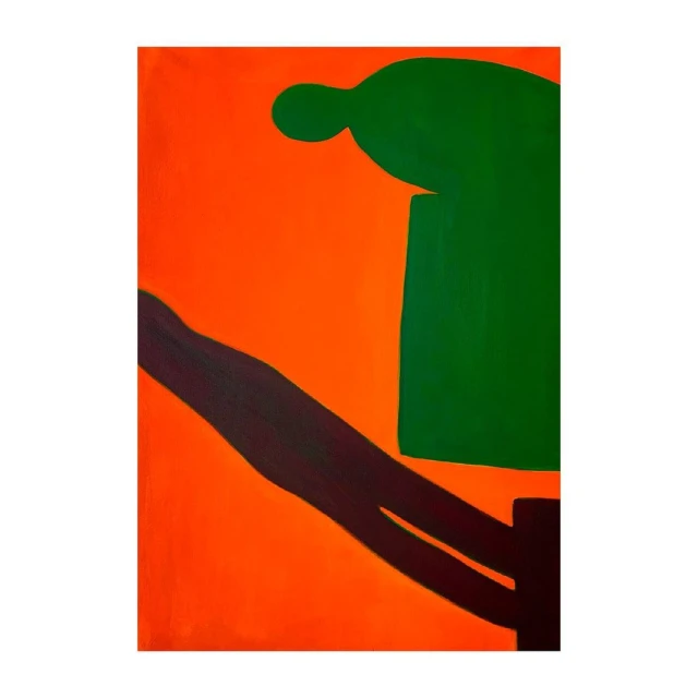 Abstract painting with green abstract figure against a bright orange backdrop and a thick black line intersecting the composition.