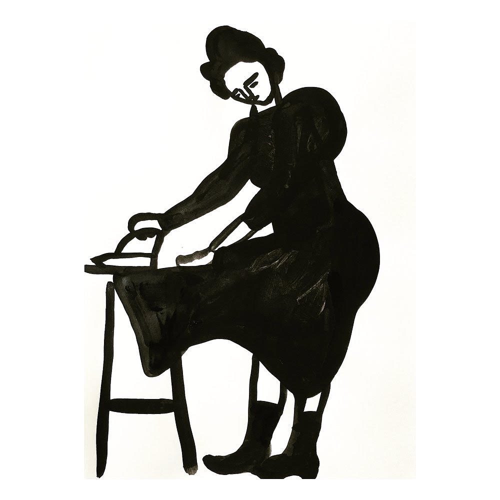 Monochrome illustration of a woman in dark clothing ironing on a small table against a white background, rendered with thick brush strokes.