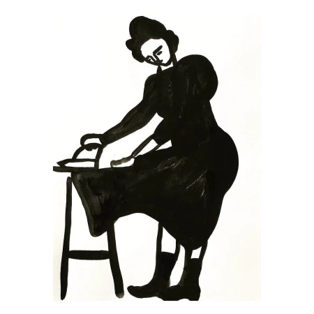 Monochrome illustration of a woman in dark clothing ironing on a small table against a white background, rendered with thick brush strokes.