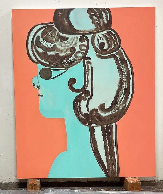 Portrait painting of an abstract woman with brown hair in a large bun, against a peach colored background in a studio setting.