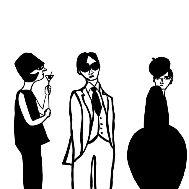 Illustration of three stylized people in black and white, including a person drinking a martini, a person in a suit, and a woman in a gown.