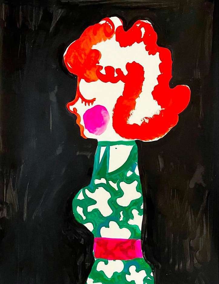 Illustration of a woman with orange hair and a green dress, presented against a dark background, in a painted style.