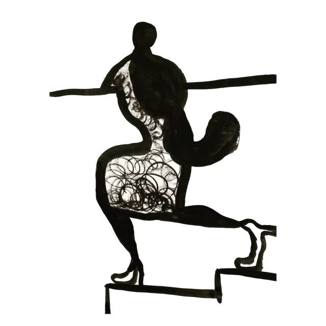 Abstract black ink drawing of a female figure stepping onto stairs. Silhouette figure with circular details stands out on white.