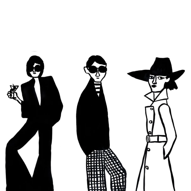 Stylized black and white illustration featuring three fashionable figures in distinctive outfits and sunglasses.