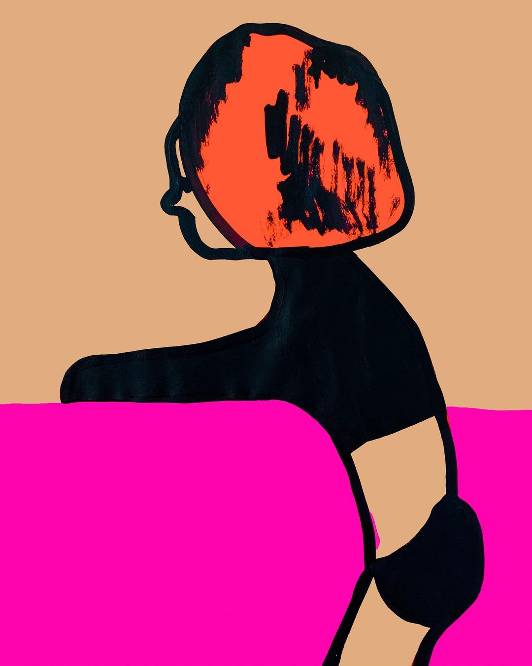 Illustration of a woman in profile with bright orange hair wearing a black top leaning on a vibrant pink counter against a beige background.