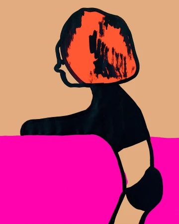 Illustration of a woman in profile with bright orange hair wearing a black top leaning on a vibrant pink counter against a beige background.