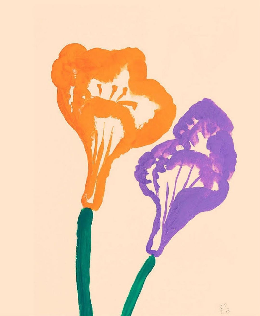 A digital painting showcases two vibrant stylized flowers, one orange and one purple, against a soft peach-colored background.