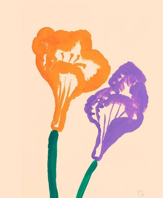 A digital painting showcases two vibrant stylized flowers, one orange and one purple, against a soft peach-colored background.