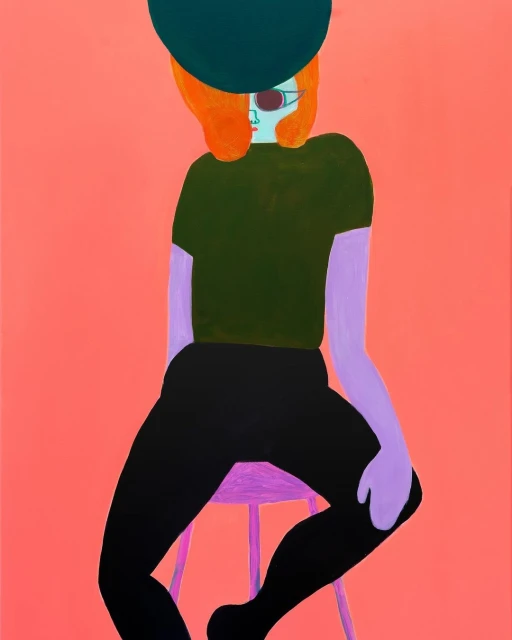 Illustration of an artistically rendered individual seated on a stool, set against a vibrant pink background, showcasing a blend of modern art.