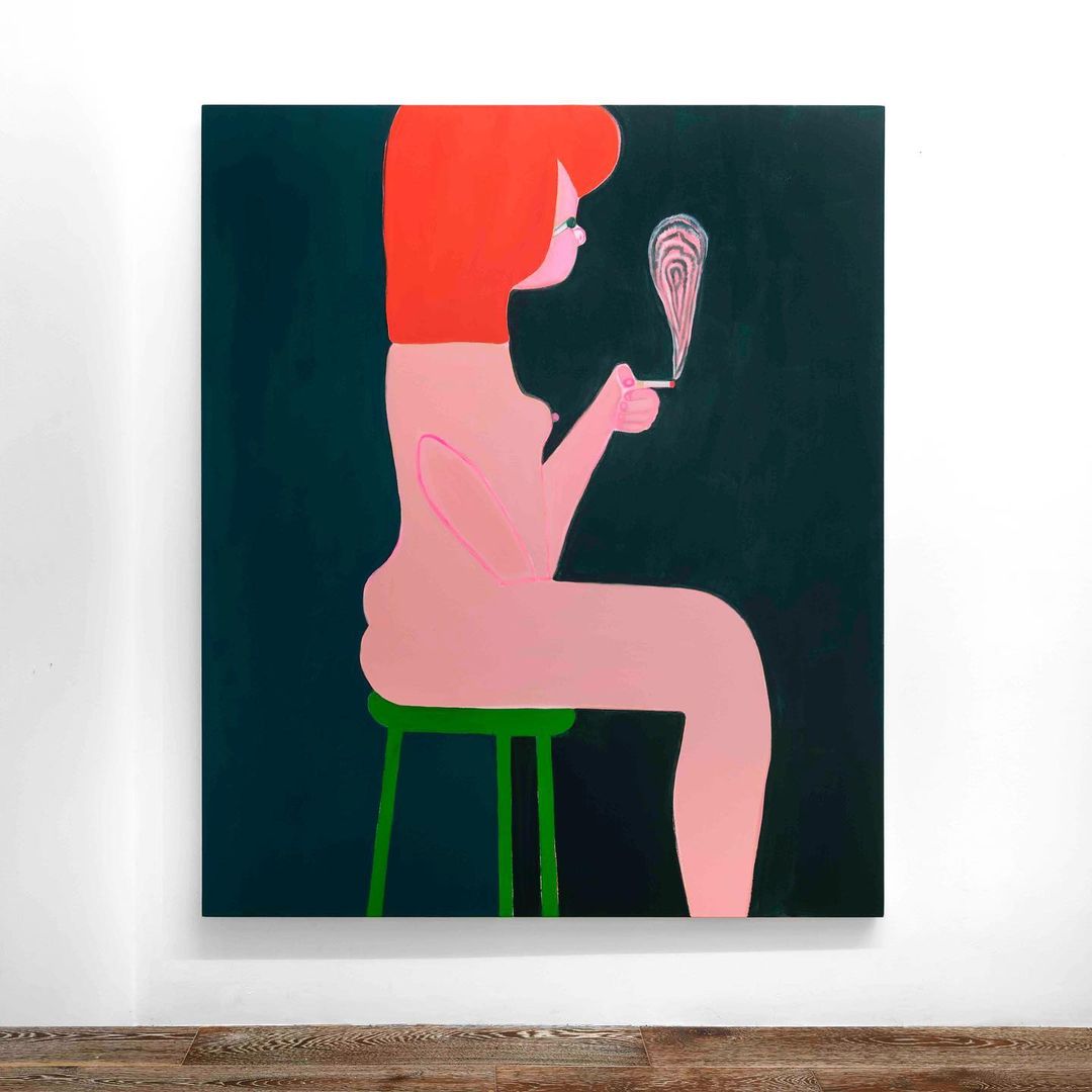 Painting of an adult woman with red hair sitting on a green stool smoking a cigarette with a dark background.