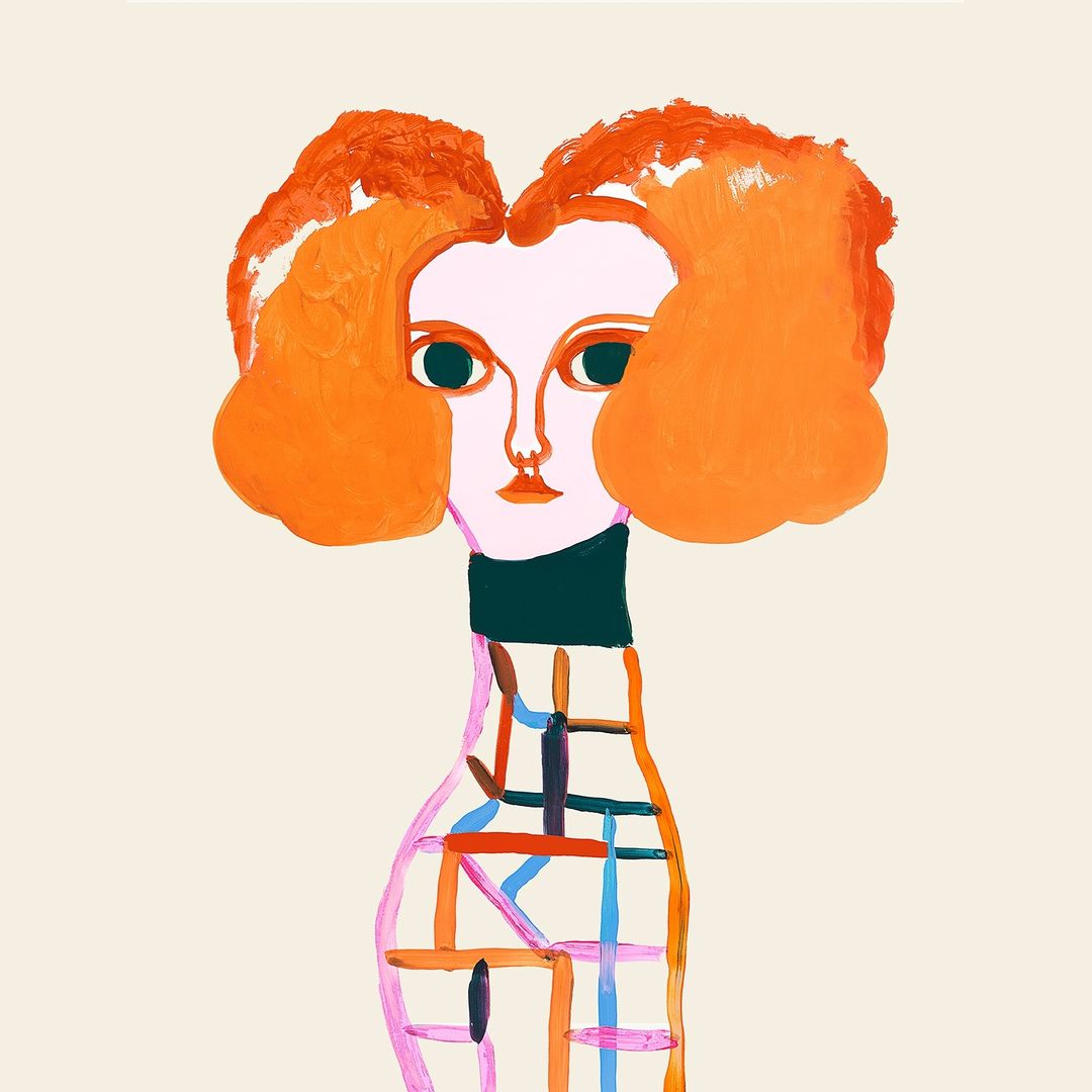 Illustration of a woman with orange hair and a colorful geometric design on her torso against a pale background in a square format.