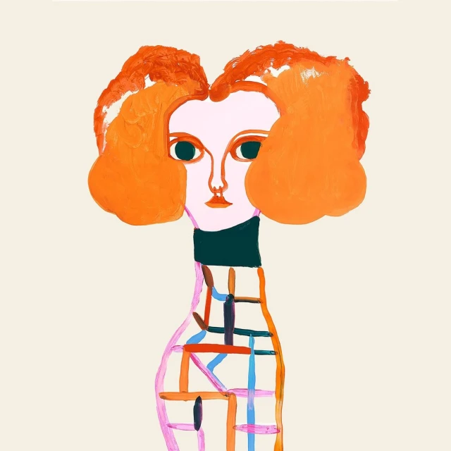 Illustration of a woman with orange hair and a colorful geometric design on her torso against a pale background in a square format.