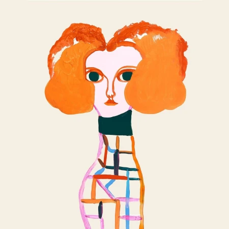 Illustration of a woman with orange hair and a colorful geometric design on her torso against a pale background in a square format.