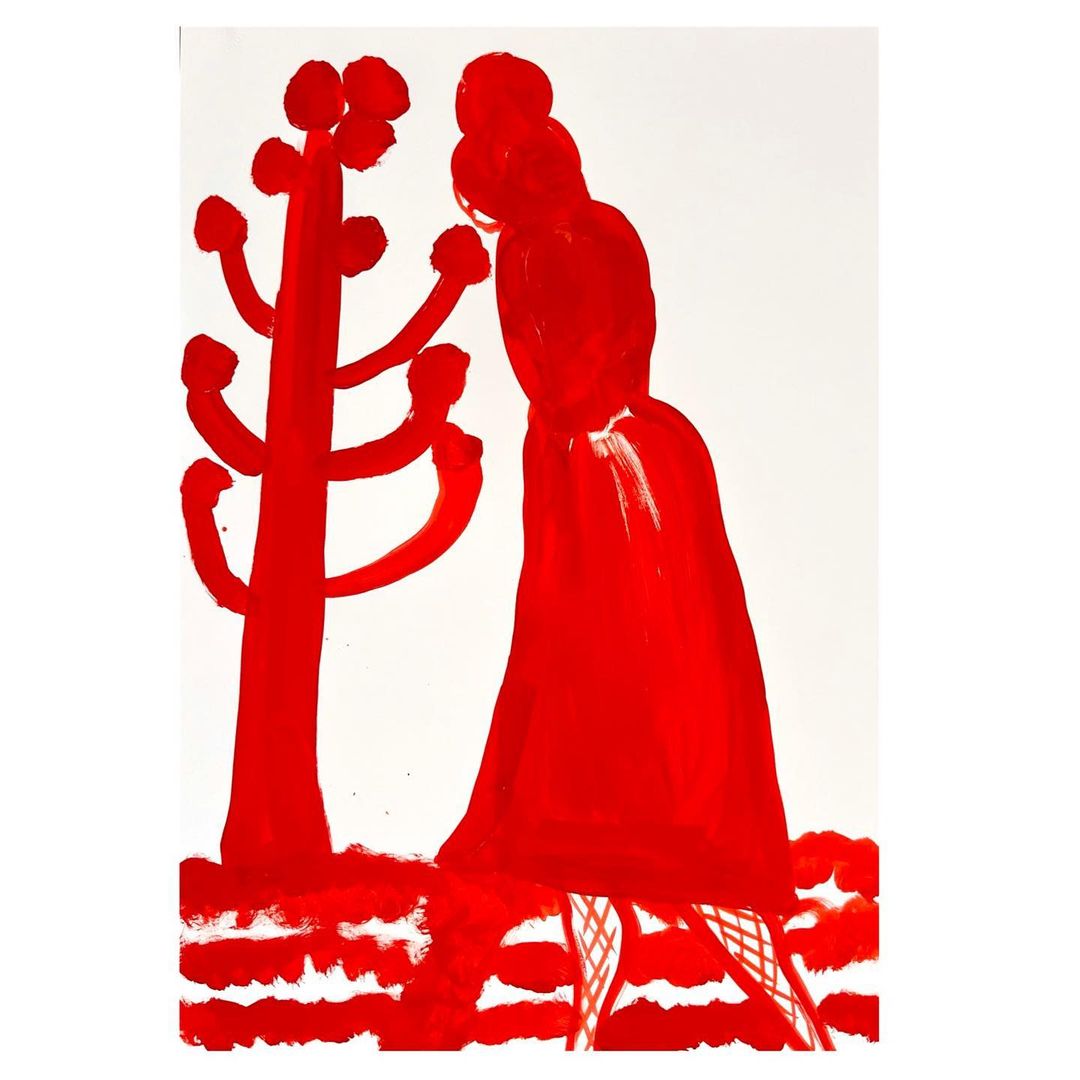 Red-toned painting of an abstract figure standing next to a stylized tree, both painted in a textured, broad-stroke style on white.