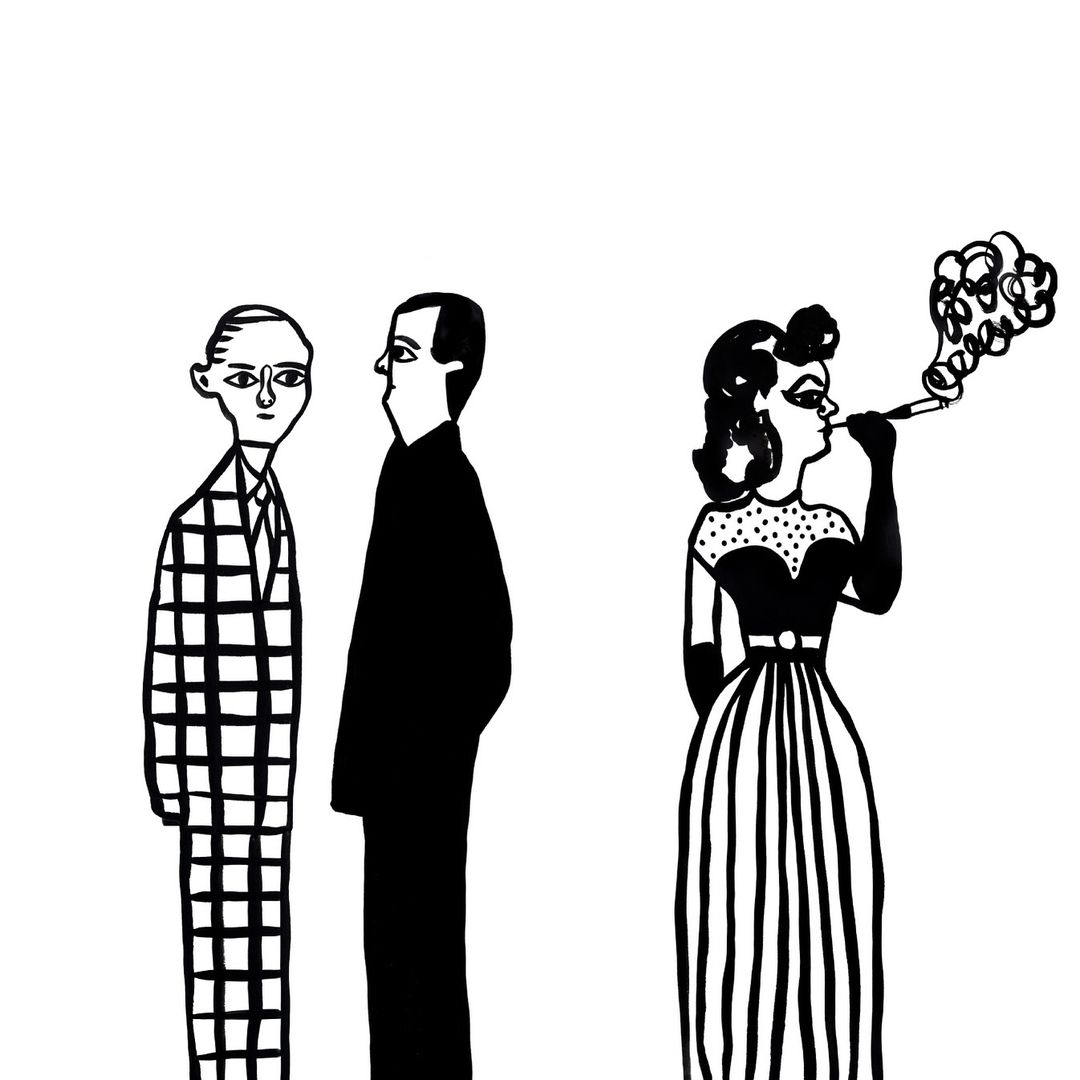 Black and white ink illustration by Christina Zimpel featuring two men standing and a woman smoking a cigarette.