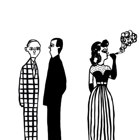 Black and white ink illustration by Christina Zimpel featuring two men standing and a woman smoking a cigarette.