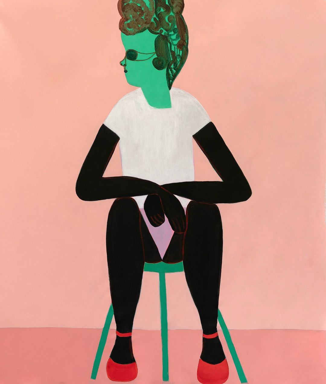 Illustration of a seated figure with green skin, dark arms and legs, red shoes, and a white shirt against a pink background.
