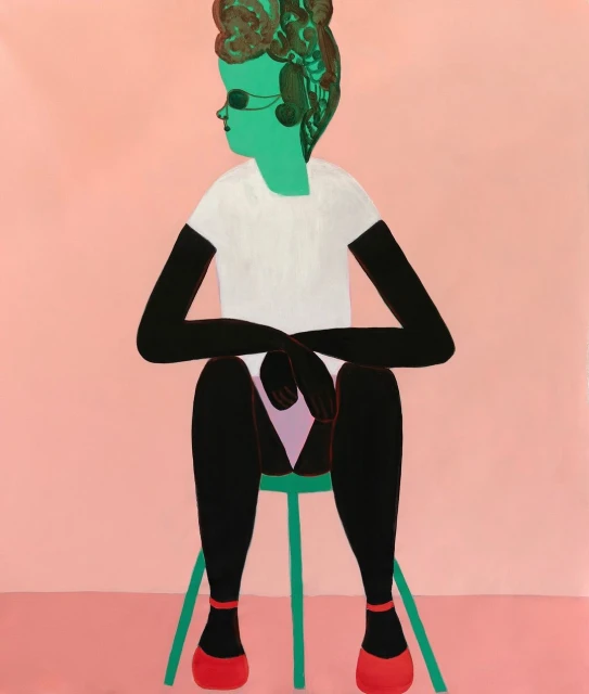 Illustration of a seated figure with green skin, dark arms and legs, red shoes, and a white shirt against a pink background.