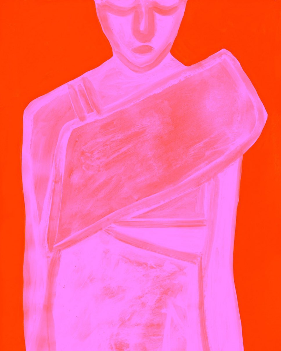 Abstract painting of a pink, stylized figure on a vibrant orange background, blending art and design with bold color contrasts.