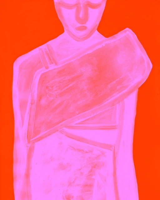 Abstract painting of a pink, stylized figure on a vibrant orange background, blending art and design with bold color contrasts.