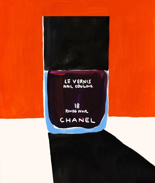 Painting of Chanel nail polish bottle in black and purple with orange background. Beauty product illustration for fashion brand advertisement.