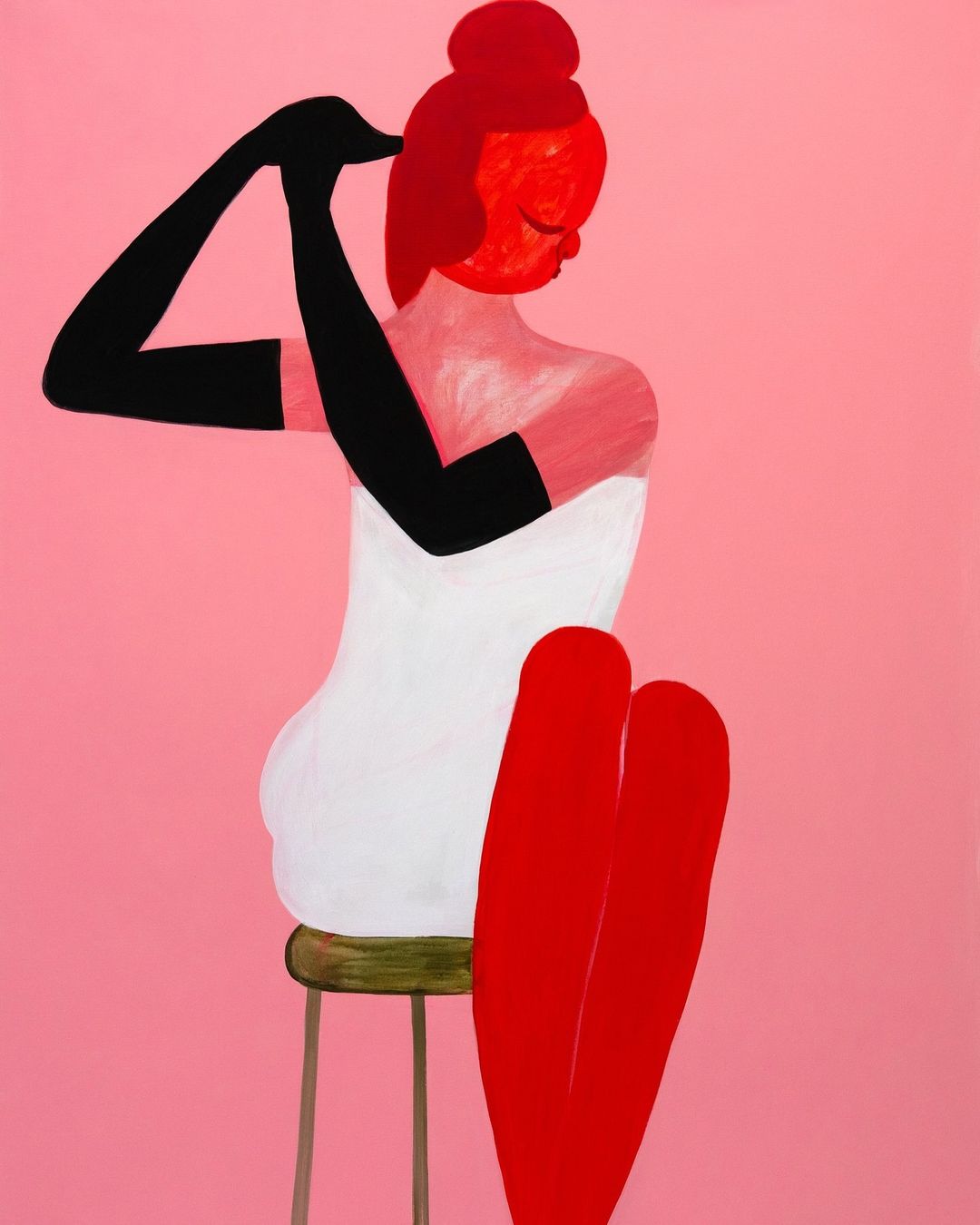 Stylized painting features a woman with red skin and hair, wearing black gloves and a white dress, seated on a stool against a pink background.