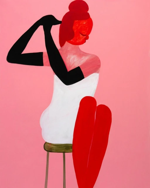 Stylized painting features a woman with red skin and hair, wearing black gloves and a white dress, seated on a stool against a pink background.