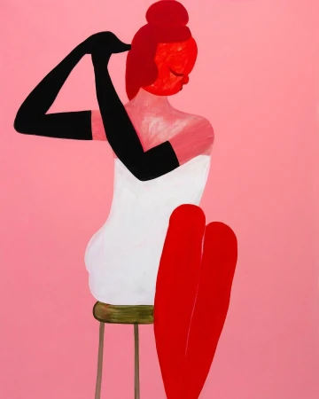 Stylized painting features a woman with red skin and hair, wearing black gloves and a white dress, seated on a stool against a pink background.