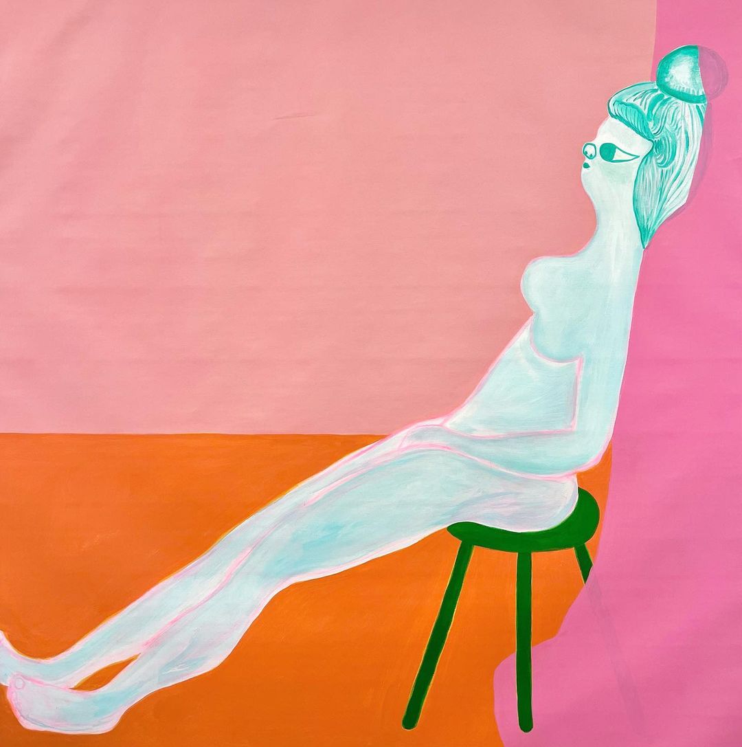 Illustration of a light teal-skinned woman sitting on a green stool in front of a pink and orange background, rendered in a flat, painterly style.